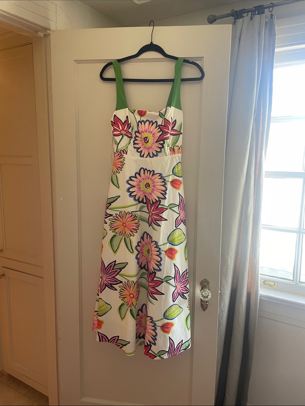 Bright Floral Midi Dress with Green Straps